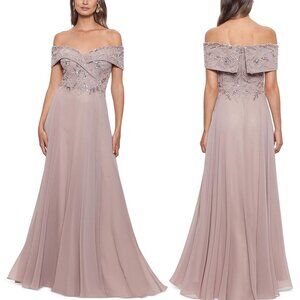 New! Xscape Petites Taupe Drapey Evening Maxi Dress Size 4P 26758